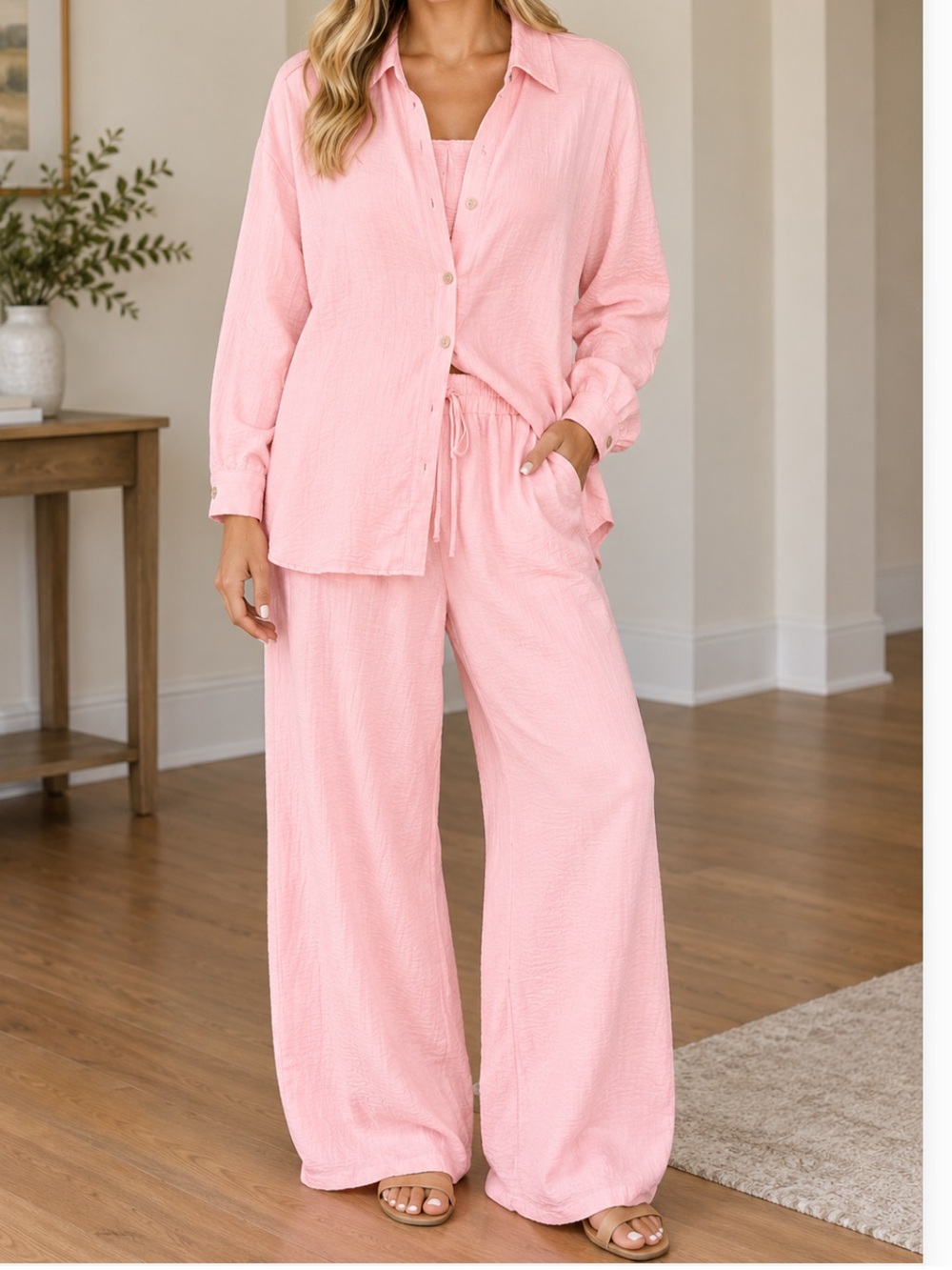 Women's Pink Two-Piece Set - Soft Button-Up Top & Wide-Leg Pants - NWT Size XL